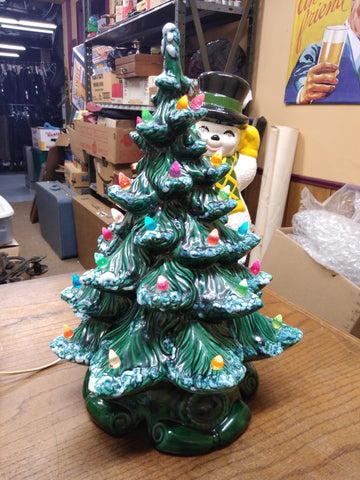 Vtg Ceramic Mold Christmas Tree Lighted Flocked Music Box "White Christmas" 16"