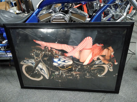 Vtg Hot Girl Santas Helper Harley Electra Glide FLH Motorcycle Framed Art 39x28