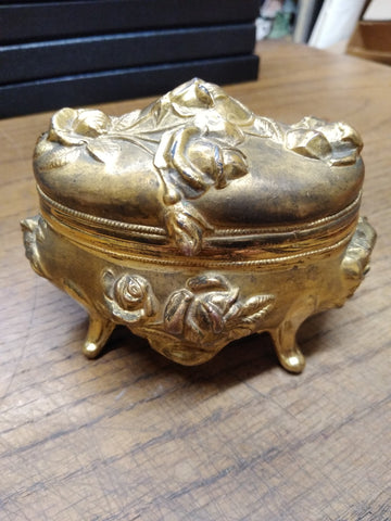 Antique 1904 Art Deco Gold Gilt Rose Vine Hinged Dresser Vanity Box Jewelery Box