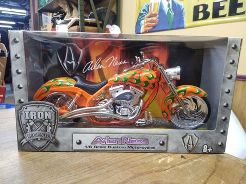 NIB Arlen Ness Iron Legends Custom Motorcycles 1/6 Scale Orange Green Chopper