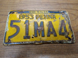 Vtg 1953 Pennsylvania License Plate Car Tag 51MA4 Exp 3 31 54 10"x6" Hot Rat Rod