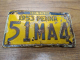 Vtg 1953 Pennsylvania License Plate Car Tag 51MA4 Exp 3 31 54 10"x6" Hot Rat Rod