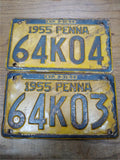 Vintage 1955 2 piece Sequential Pennsylvania License Plate set