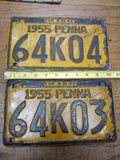Vintage 1955 2 piece Sequential Pennsylvania License Plate set