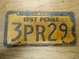 Vtg 1957 Pennsylvania License Plate Car Tag 3PR29 Exp 3 31 58 10"x6" Hot Rat Rod