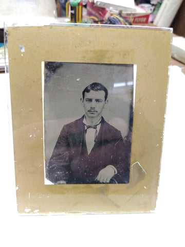 Vtg Antique Tin Type Photograph Of Man With Mustache Suit and Tie Under Glass