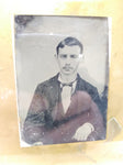 Vtg Antique Tin Type Photograph Of Man With Mustache Suit and Tie Under Glass