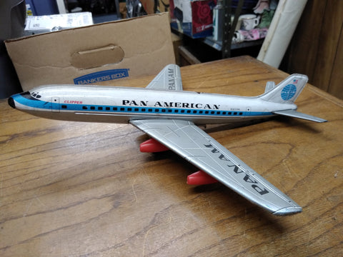 Vtg HAJI Pan American Tin Toy Clipper Jet Working Friction Motor Airplane Japan