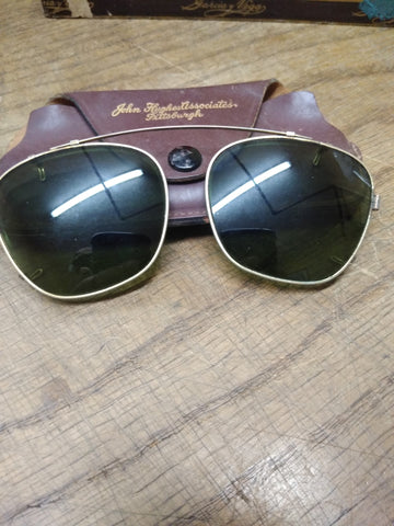 Vtg Clip On Sun Glasses Glass Lens Gold Frame 1950's-1960's Leather Case