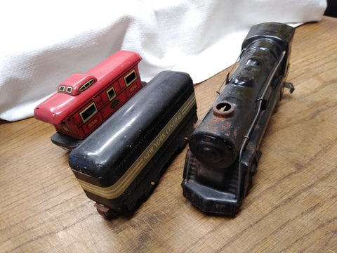 Vtg Marx O Gauge New York Central Wind Up Locomotive Tender Caboose Metal Train