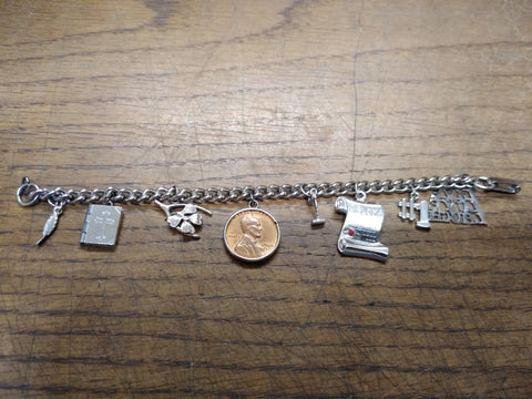 Vtg 925 Sterling Silver 8 Charm Bracelet 7" Diploma Live Love Laugh #1 Bible