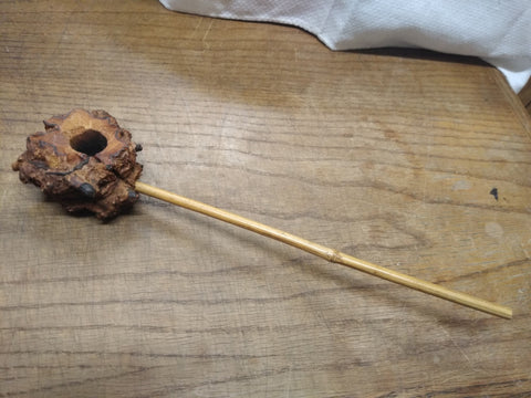 Vtg Hand Made Burl Wood Freehand Natural Bowl 10" Long Bamboo Stem Tobacco Pipe