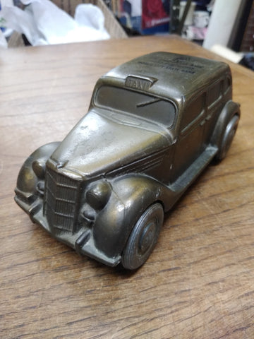 Vtg Metal 1935 Ford Taxi Coin Bank "The Wide Awake Bank" Banthrico Great Shape!