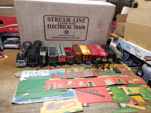 Vtg Marx Train Set 2 Steam Engines 10 Cars Layout Buildings Background in Box!