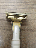 Vtg Men's Schick Injector Safety Razor Type J White Handle Gold Tone Head