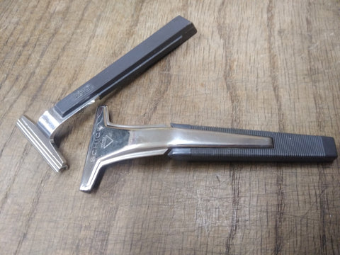 Vtg 2 Piece Mens Schick Injector Safety Razor Lot Silver Tone Head Black Handles