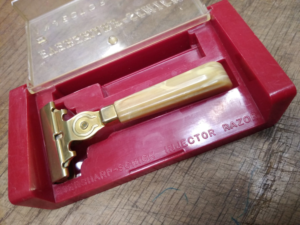 Vtg Gold SCHICK EVERSHARP Injector Safety Razor Marbleized Handle Orig ...