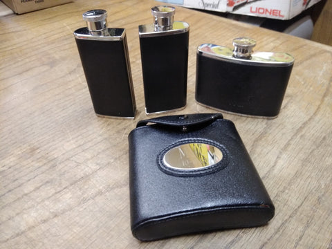 Vtg 2 Piece Hip Flask 4 Ounce Courvoisier Whiskey 2 x 3 Ounce Leather Stainless