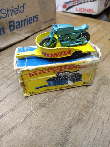 Vtg Lesney MATCHBOX Series #38 Honda Motorcycle & Trailer England Original Box!