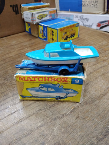 Vtg MATCHBOX Series #9 Boat and Trailer Blue Diecast/Plastic England Orig Box