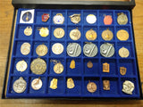 Vtg 35 Pc Award Lot Athletic Pendants Key Fobs Tokens Belt Buckle Glass Case