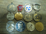 Vtg 35 Pc Award Lot Athletic Pendants Key Fobs Tokens Belt Buckle Glass Case