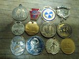 Vtg 35 Pc Award Lot Athletic Pendants Key Fobs Tokens Belt Buckle Glass Case