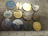 Vtg 35 Pc Award Lot Athletic Pendants Key Fobs Tokens Belt Buckle Glass Case