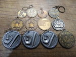 Vtg 35 Pc Award Lot Athletic Pendants Key Fobs Tokens Belt Buckle Glass Case