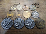 Vtg 35 Pc Award Lot Athletic Pendants Key Fobs Tokens Belt Buckle Glass Case