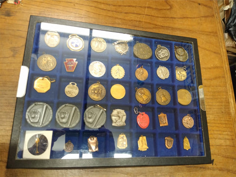 Vtg 35 Pc Award Lot Athletic Pendants Key Fobs Tokens Belt Buckle Glass Case