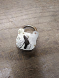Vtg Antique Miniature Brass Padlock w/Key Hole Cover and Barrel Key Works Good!