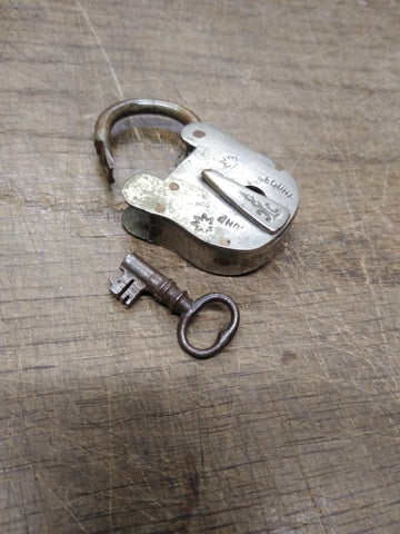 Vtg Antique Miniature Brass Padlock w/Key Hole Cover and Barrel Key Works Good!