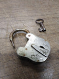 Vtg Antique Miniature Brass Padlock w/Key Hole Cover and Barrel Key Works Good!