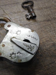 Vtg Antique Miniature Brass Padlock w/Key Hole Cover and Barrel Key Works Good!