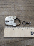 Vtg Antique Miniature Brass Padlock w/Key Hole Cover and Barrel Key Works Good!