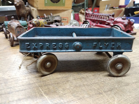Vtg Kilgore Cast Iron Express Flyer Pull Toy Wagon Steel Wheels Blue Nice Patina