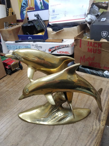 Vtg Large Brass 2 Dolphins Swimming Figurine Statue Decoration Sculpture Nice!