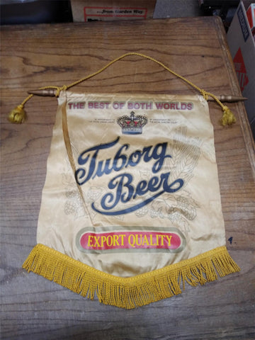 Vtg Tuborg Gold Beer Hanging Fringed Silk Advertising Banner Flag Braided Rope