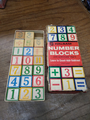 Vtg 20 Piece Halsam Wooden Number Blocks Lot with Arithmetic Signs Original Box!