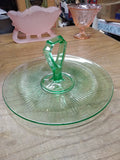 Vtg Green Depression Glass Veggie Fruit Desert Dish w/Center Handle 5"H x 10.5"W