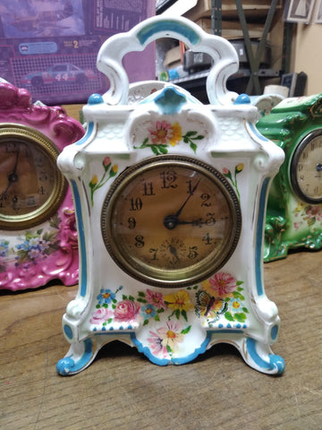 Vtg 1920's Porcelain Wind Up Alarm Mantle Bedroom Clock White Floral Ceramic