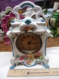 Vtg 1920's Porcelain Wind Up Alarm Mantle Bedroom Clock White Floral Ceramic