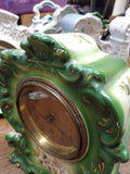 Vtg 1920's Porcelain Wind Up Alarm Mantle Bedroom Clock Green Floral Ceramic
