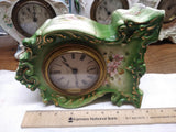 Vtg New Haven Porcelain Wind Up Alarm Mantle Bedroom Clock Green Floral Ceramic