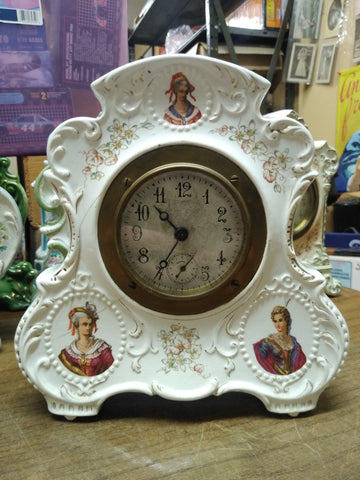 Vtg Colonial Porcelain Wind Up Alarm Mantle Bedroom Clock White Floral Ceramic