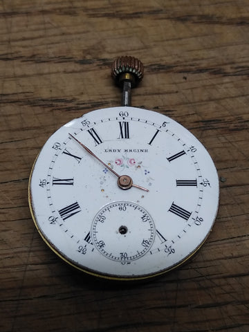 Vtg Lady Racine Pocket Watch Movement White Porcelain Dial w/Sub Dial Parts Lot