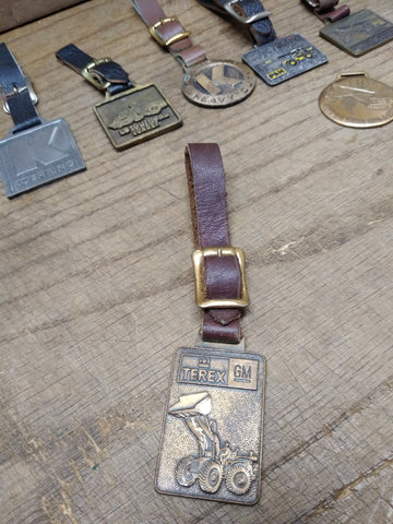 Vtg Brass Watch Fob w/Leather Strap TEREX GM Front Loader Heavy Equipment
