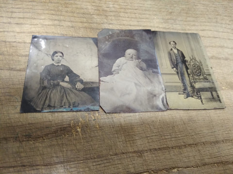 Vtg 3 Pc Civil War Era Tin Type Photograph Lot Woman Man Baby Family Posing