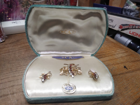 Vtg CA Carl Art Brooch & Earring Set 1/20 Gold Filled Red Clear Stones Orig Box!